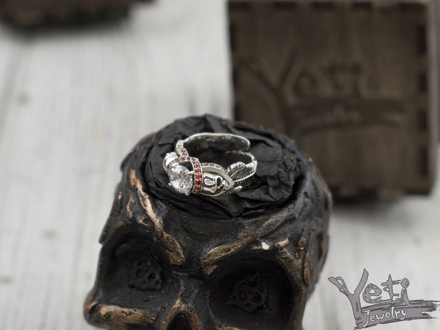 Adjustable women's  skull ring Silver skull ring Feather ring Skull jewelry