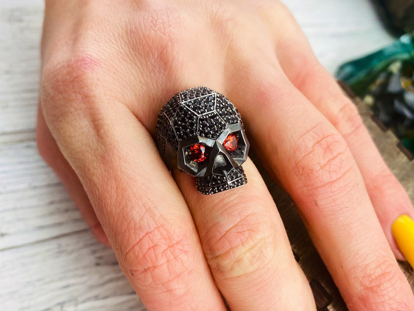 Skull women’s ring Silver skull ring Geometric skull ring Black gemstones ring Gothic jewelry