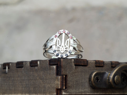 Women's Ukrainian ring Trident  Silver ring with Tryzub Trident ring Red and yblack ring  Silver ring Trizub Ukraine symbol