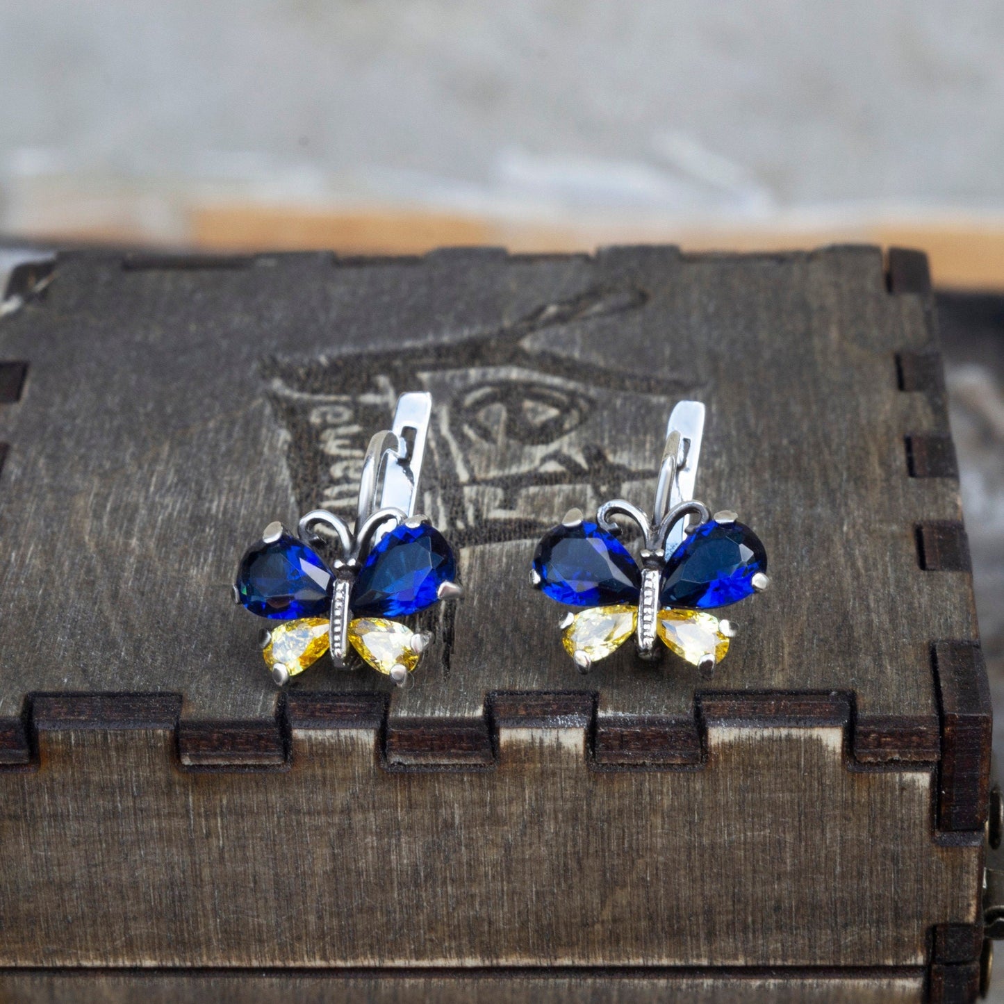 Blue and yellow butterfly earrings Ukrainian colors earrings Silver Butterfly earrings  Yellow blue earrings