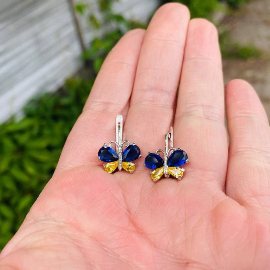 Blue and yellow butterfly earrings Ukrainian colors earrings Silver Butterfly earrings  Yellow blue earrings