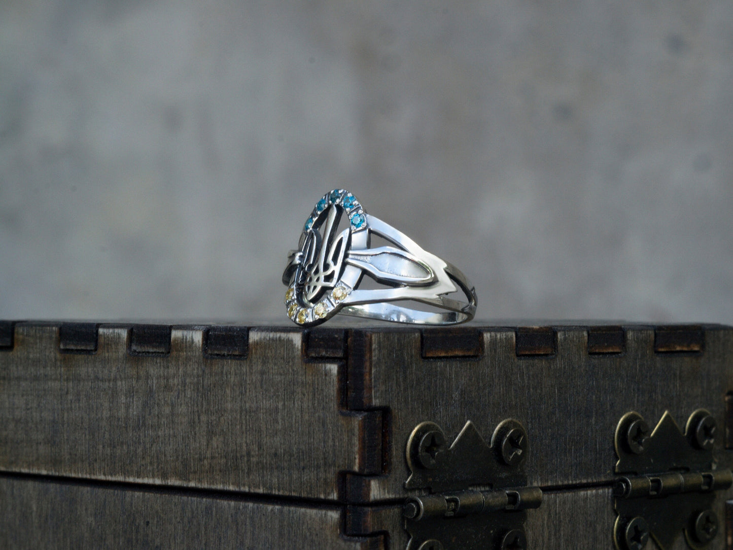 Women's Ukrainian ring Trident  Silver ring with Tryzub Trident ring Blue and yellow ring  Silver ring Trizub Ukraine symbol