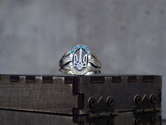 Women's Ukrainian ring Trident  Silver ring with Tryzub Trident ring Blue and yellow ring  Silver ring Trizub Ukraine symbol