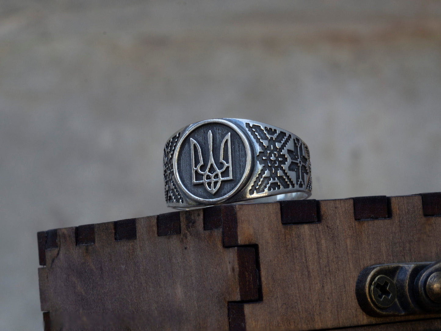 Ukrainian silver ring - Tryzub ith ornament "Trident sword with ornament"