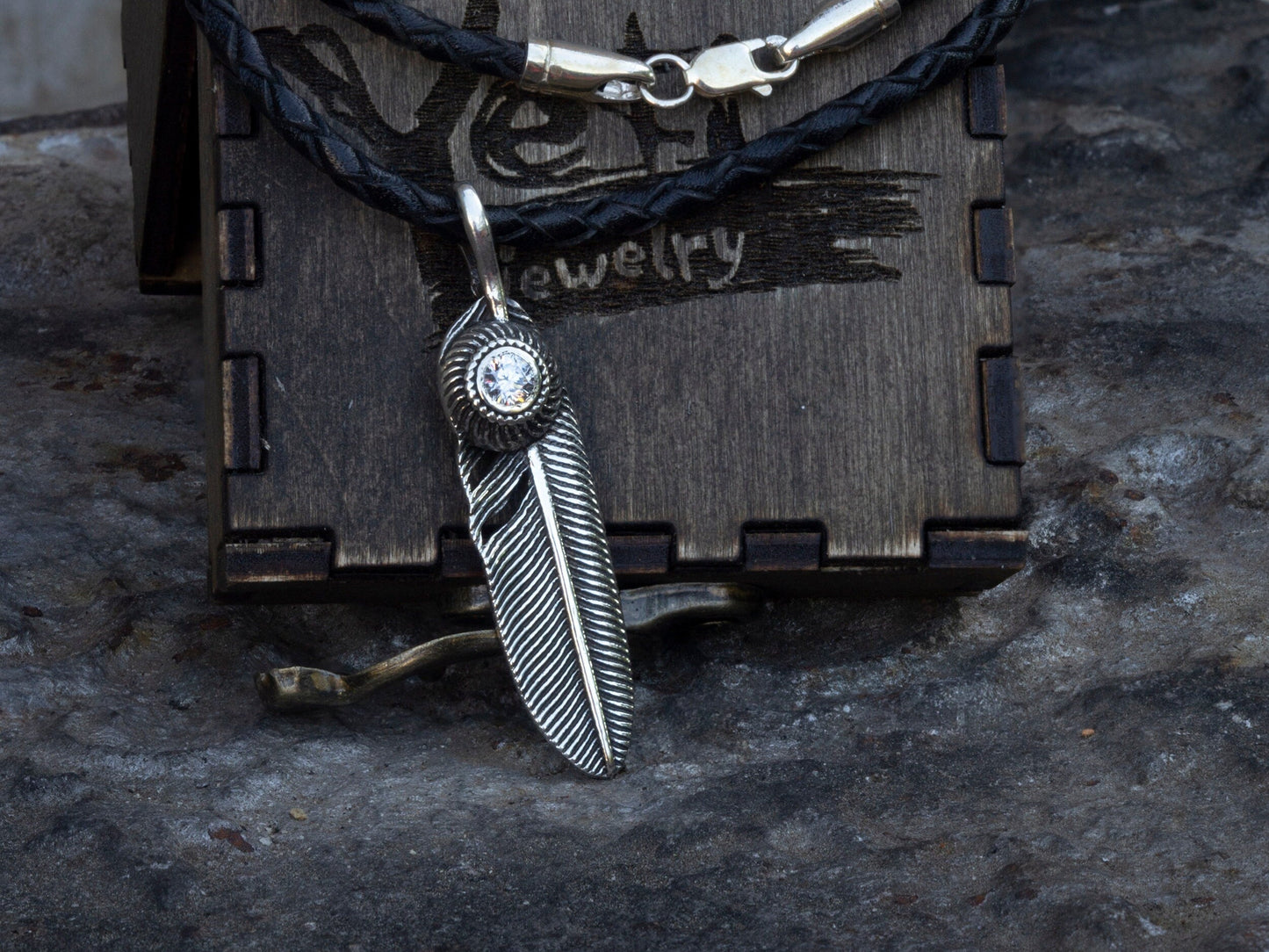 Silver feather necklace Feather pendant with CZ gemstne Native American Inspired Tribal Feather Pendant