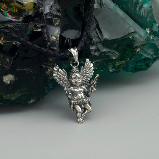 Cupid with guns pendant Angel with gun Baby angel Sterling silver 925