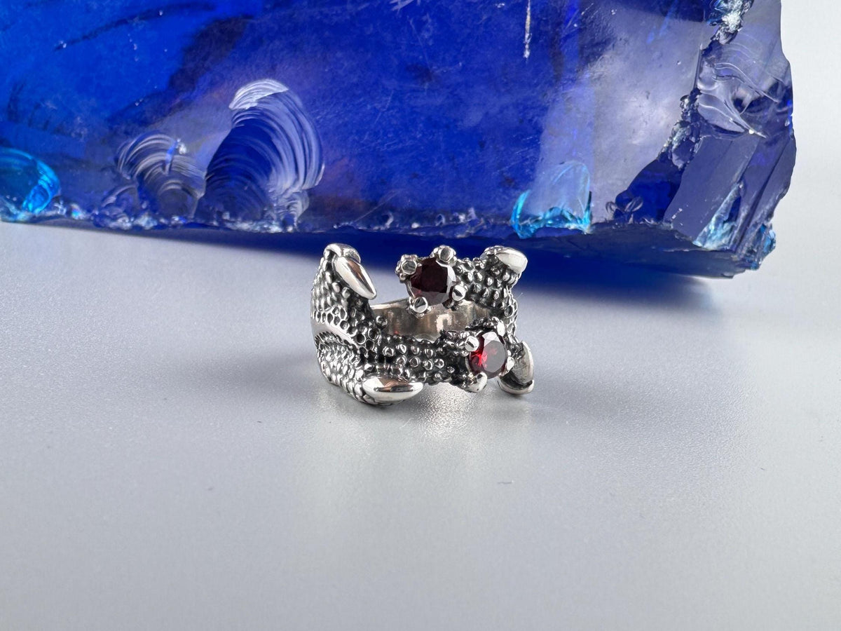 Dragon claw silver ring with natural red garnets, other side view
