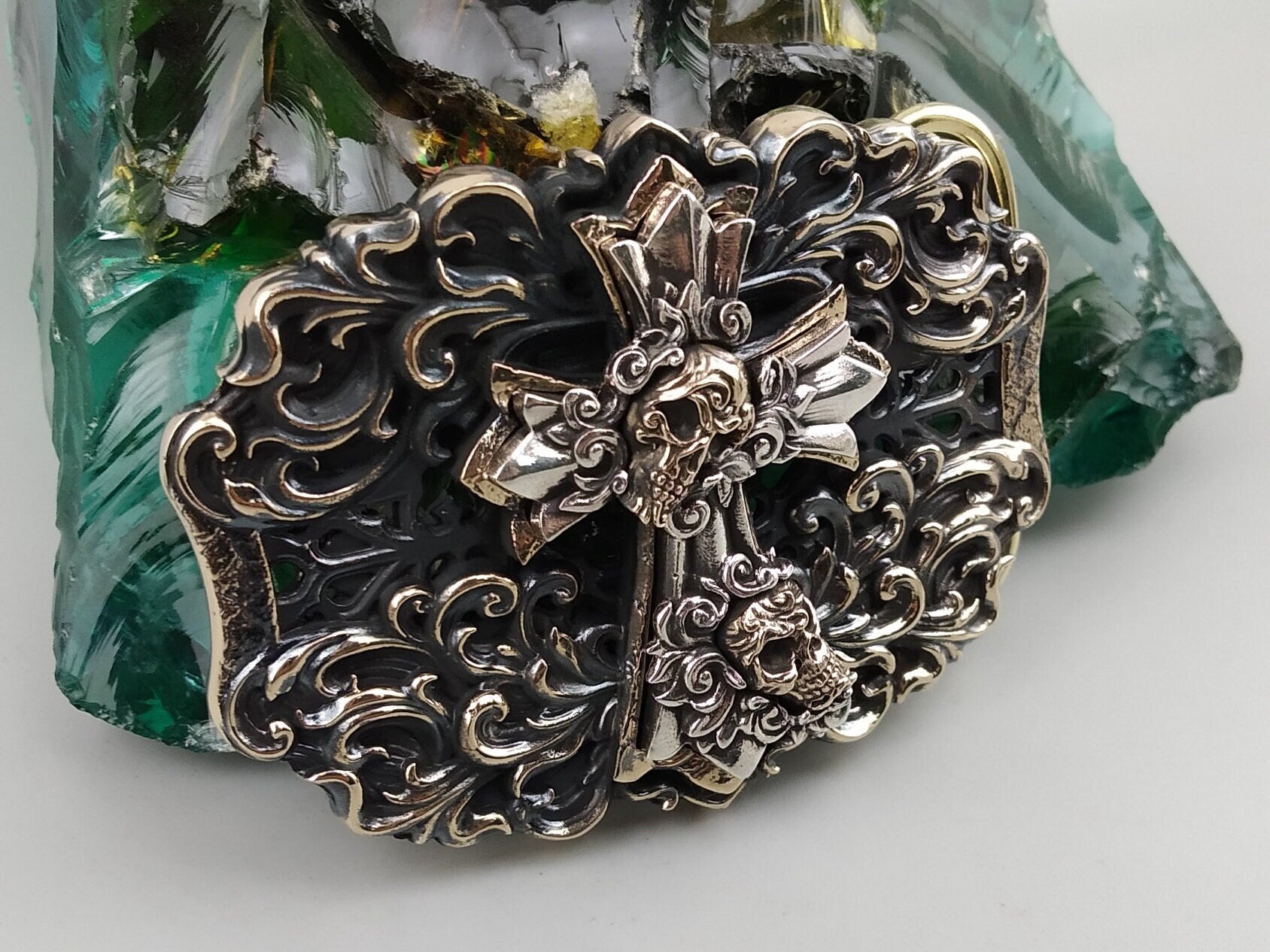 Eternal Conqueror biker belt buckle, top view of the cross