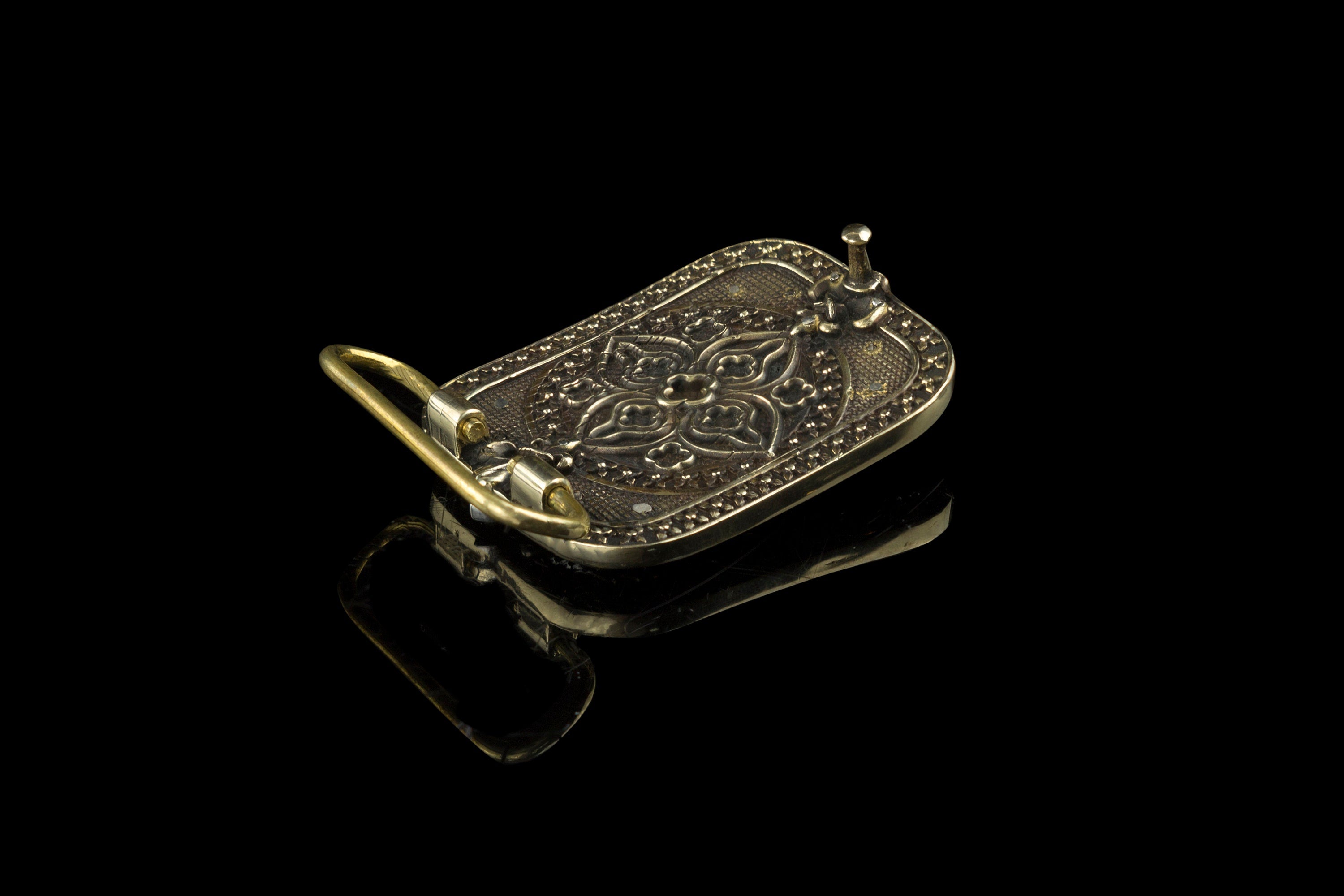 Filigree cross sterling silver and brass belt buckle, angle