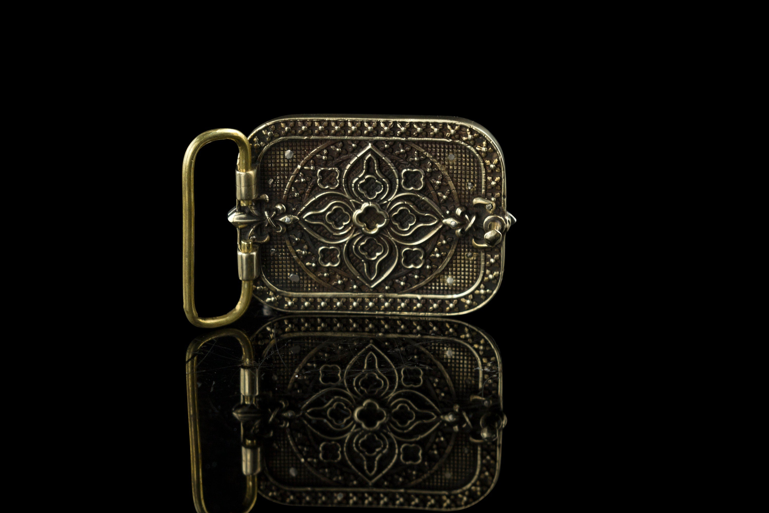 Filigree cross sterling silver and brass belt buckle, back