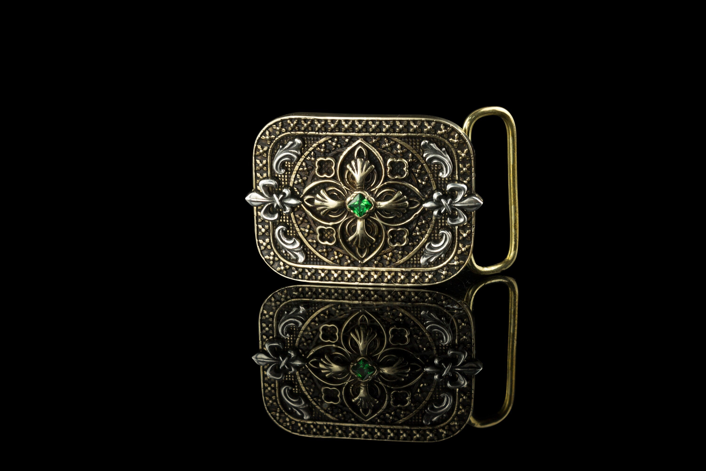 Filigree cross sterling silver and brass belt buckle, front 2