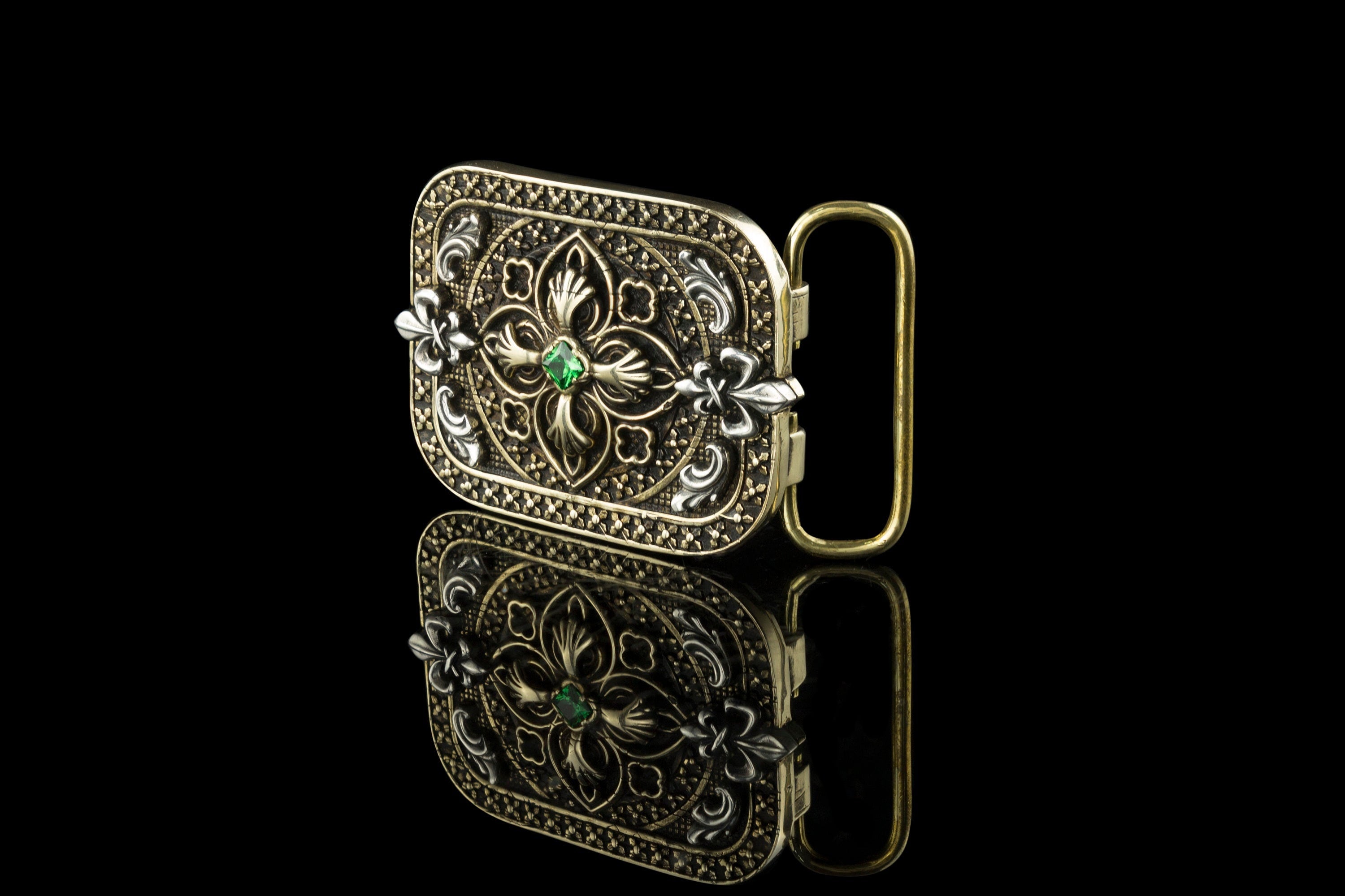 Filigree cross sterling silver and brass belt buckle, front