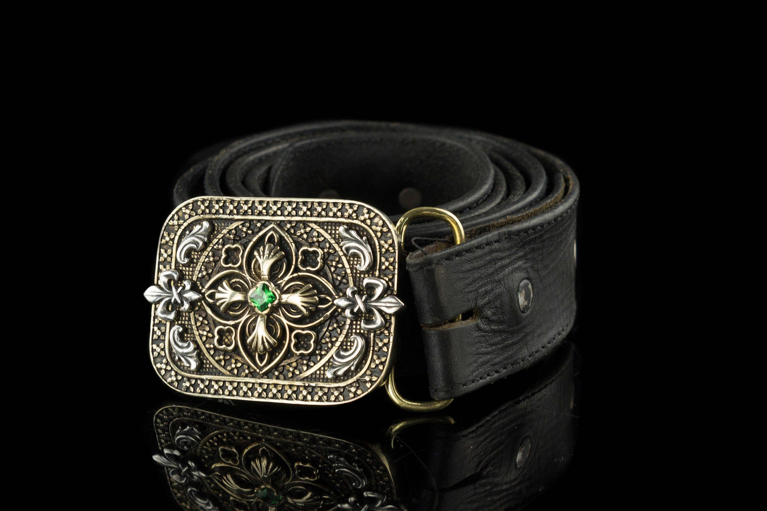 Filigree cross sterling silver and brass belt buckle, on belt 2