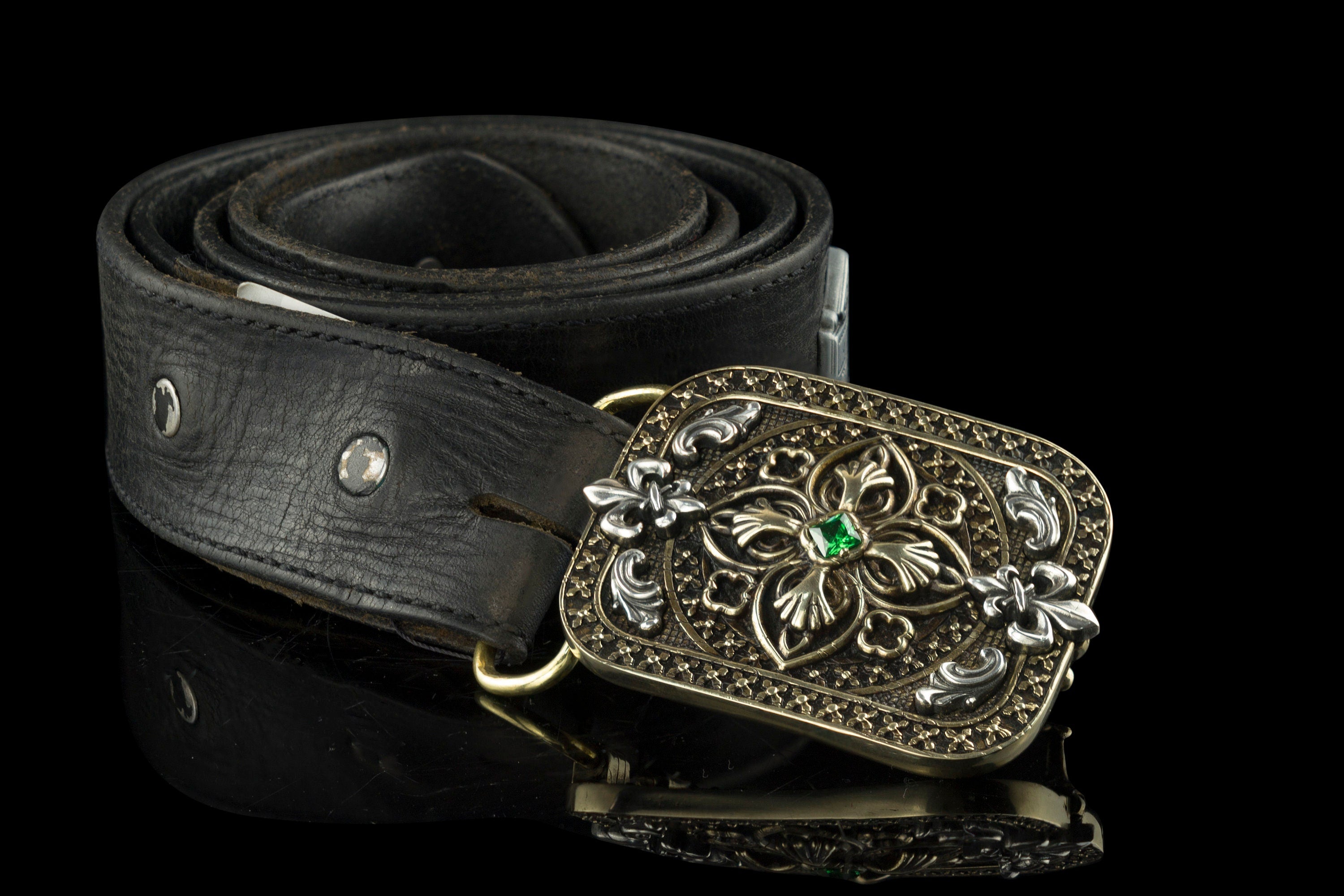 Filigree cross sterling silver and brass belt buckle, on belt 3