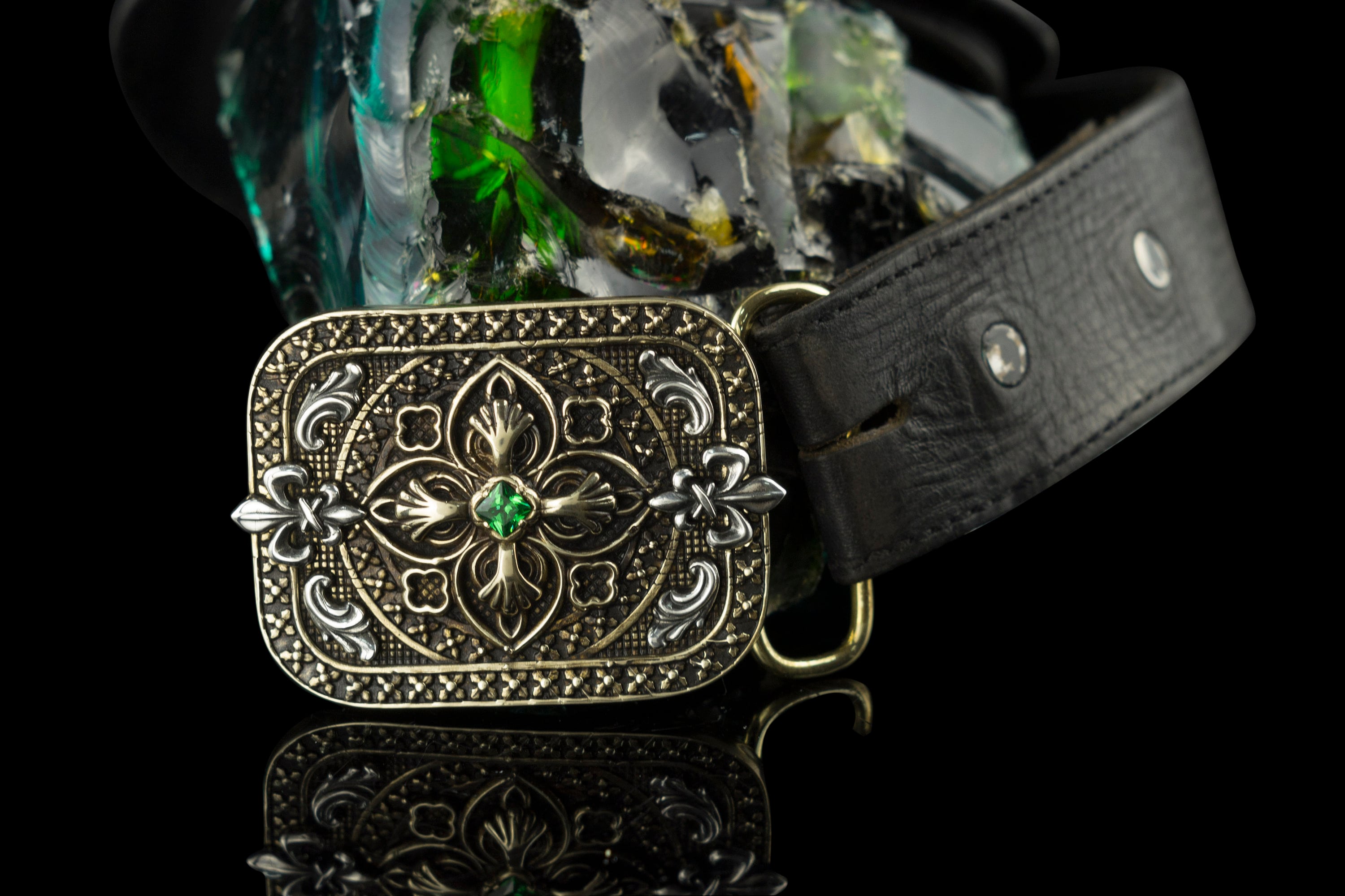 Filigree cross sterling silver and brass belt buckle, on belt