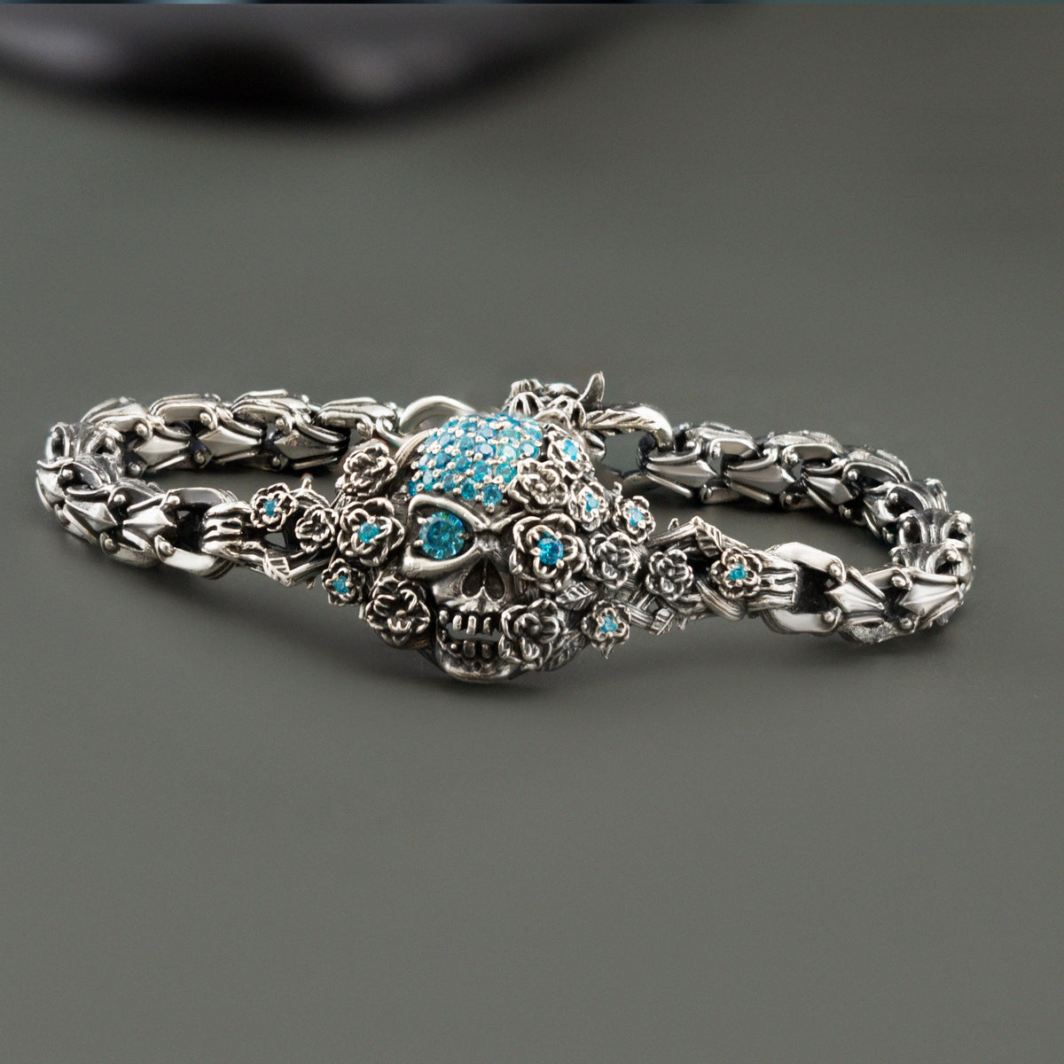Frida floral sugar skull sterling silver bracelet with turquoise cubic zirconia and roses