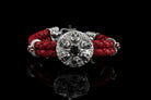 Furious Bonnie silver skull medallion bracelet on red braided leather, front view