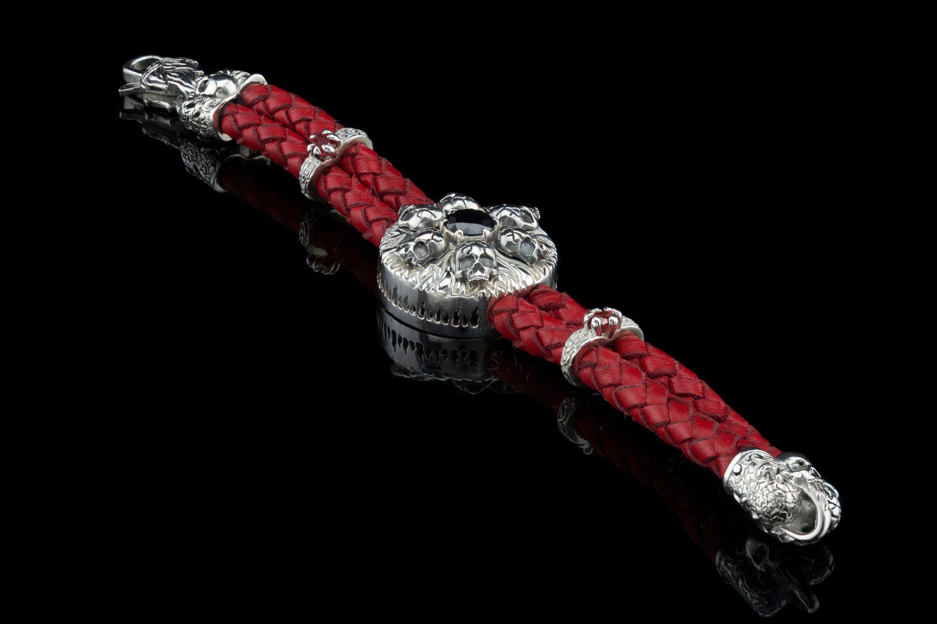 Furious Bonnie red braided leather bracelet laid out straight on black