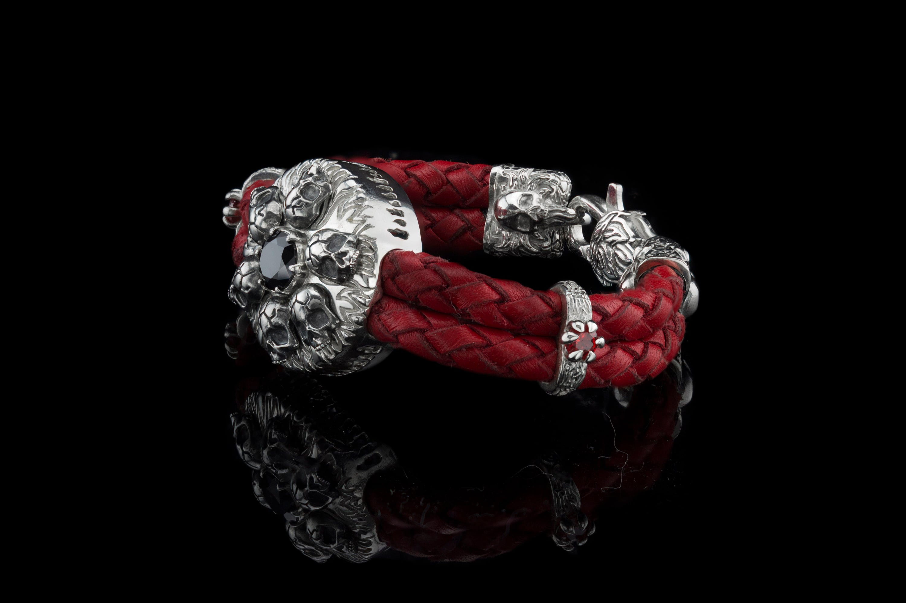 Furious Bonnie red leather bracelet, side view with skull end caps