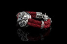 Furious Bonnie red leather bracelet, side view with skull end caps