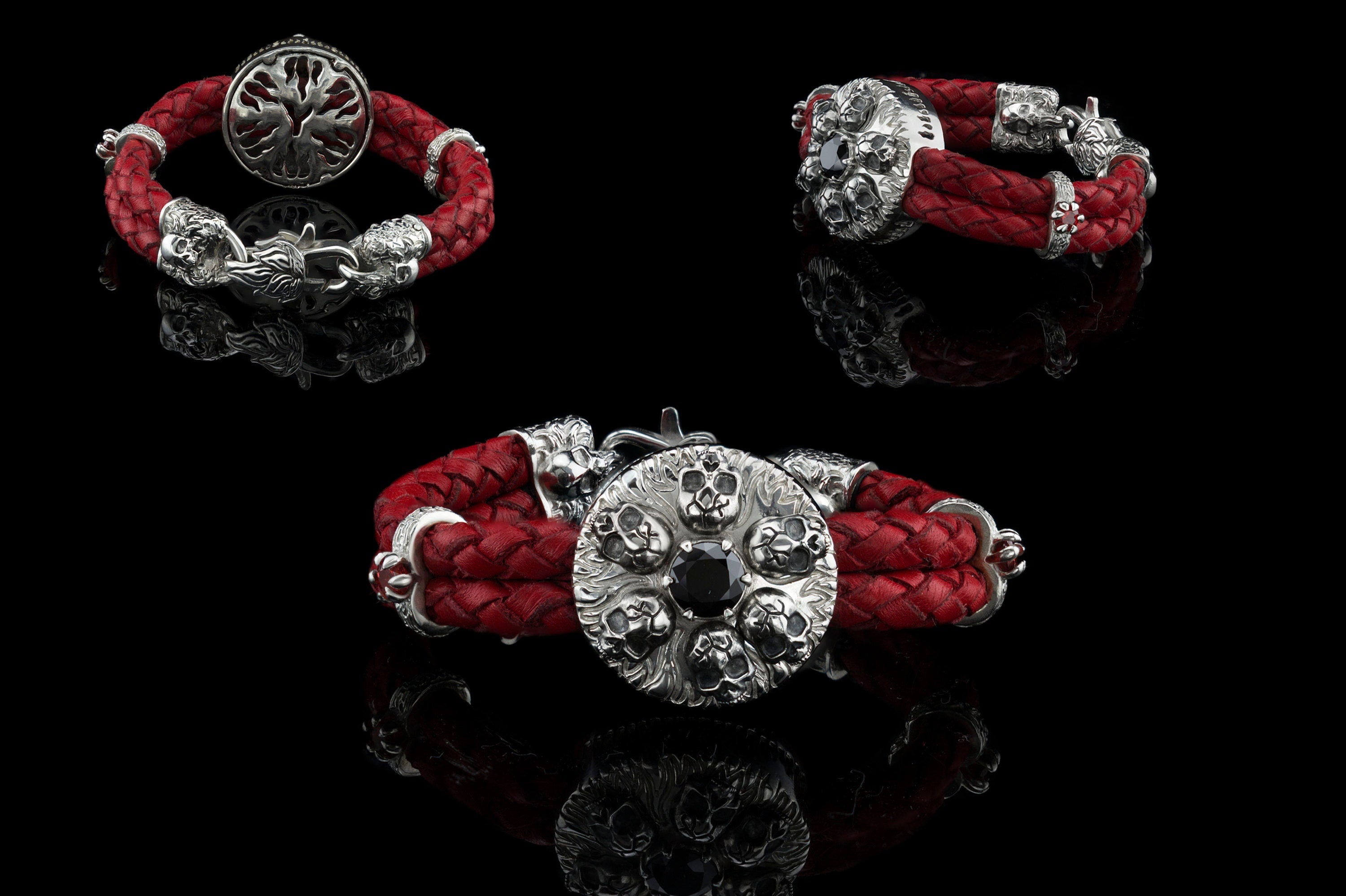 Furious Bonnie red leather skull bracelet shown from three angles