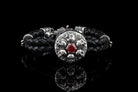 Furious Bonnie black braided leather bracelet with sterling silver skull medallion and red cubic zirconia