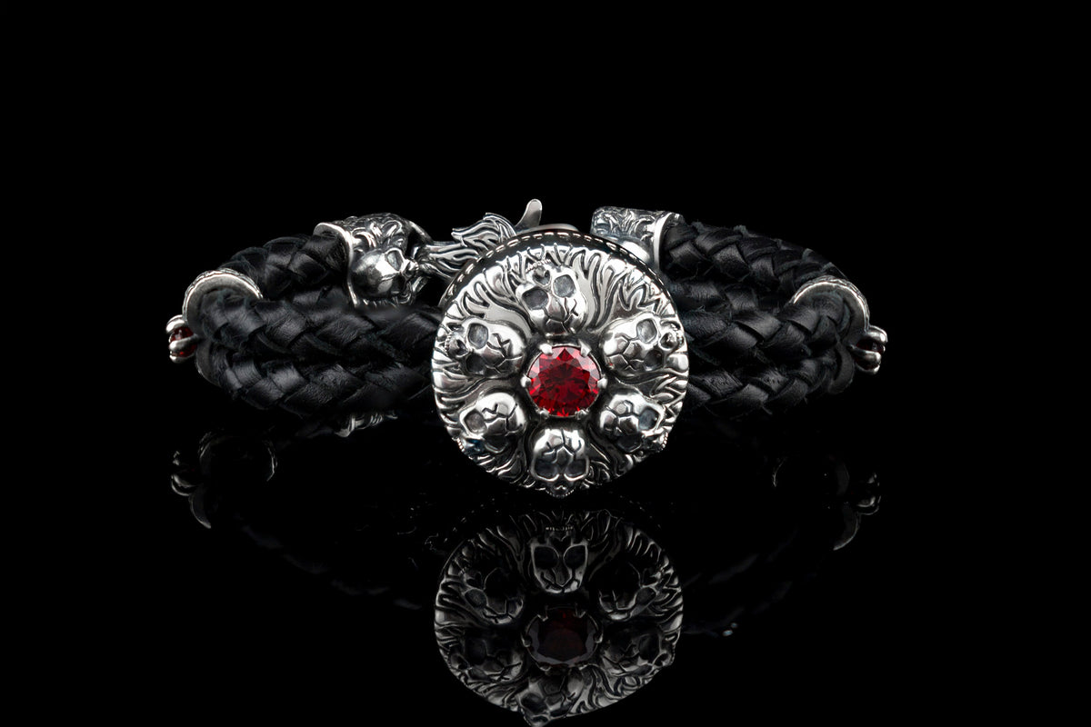Furious Bonnie black braided leather bracelet with sterling silver skull medallion and red cubic zirconia