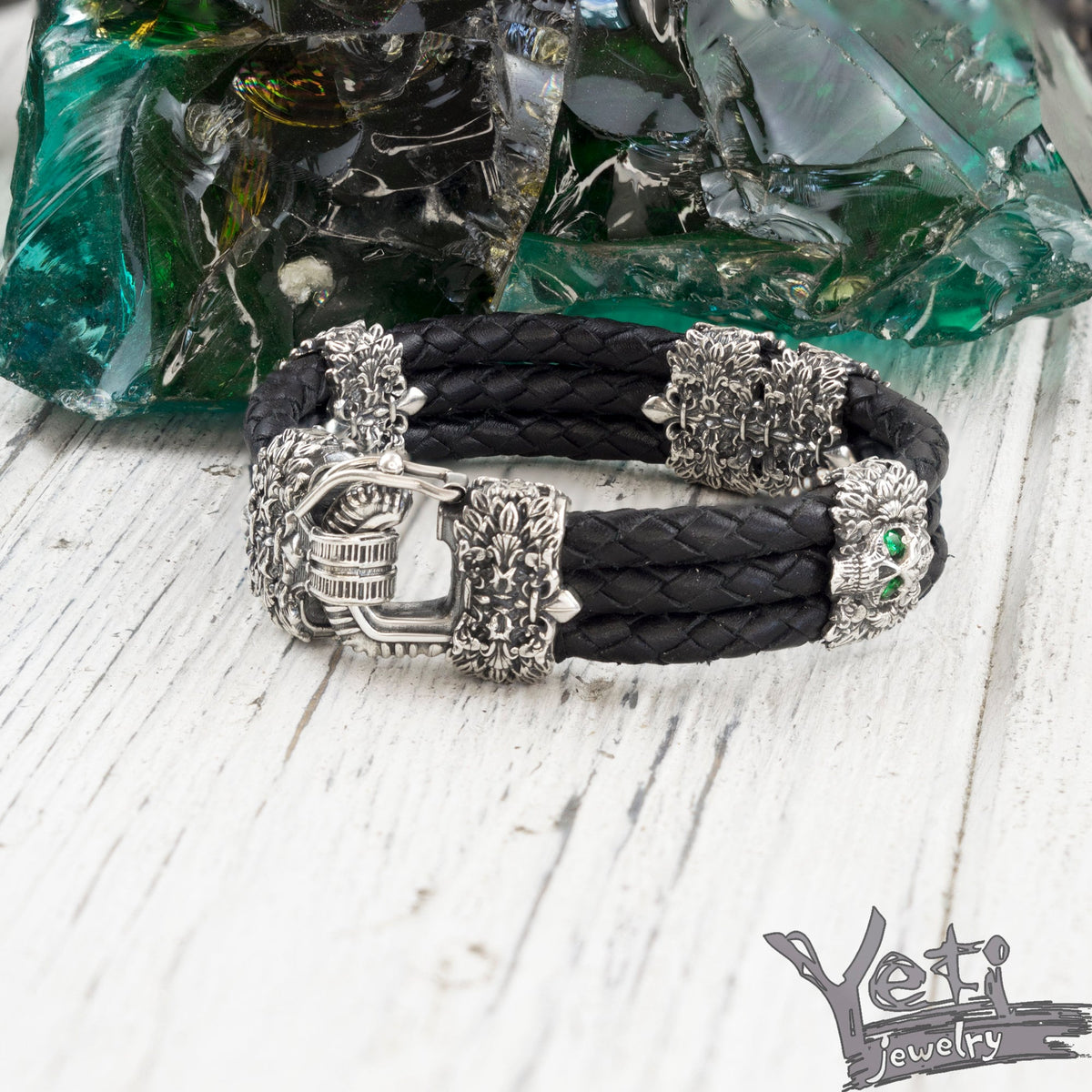 Garry bracelet on white wood showing the clasp and skull ends