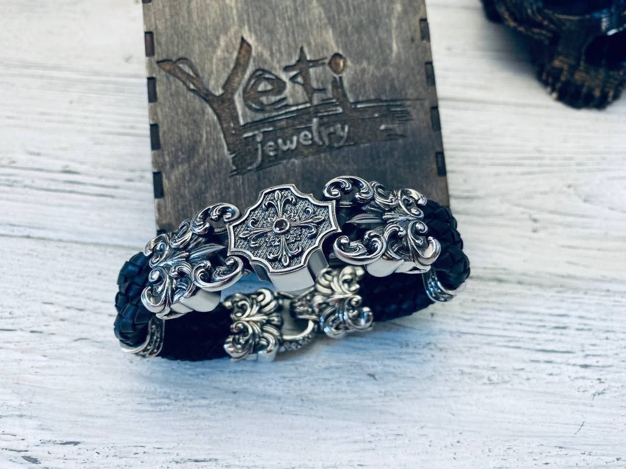 Guardian 25 mm heavy sterling silver and leather biker bracelet, on box