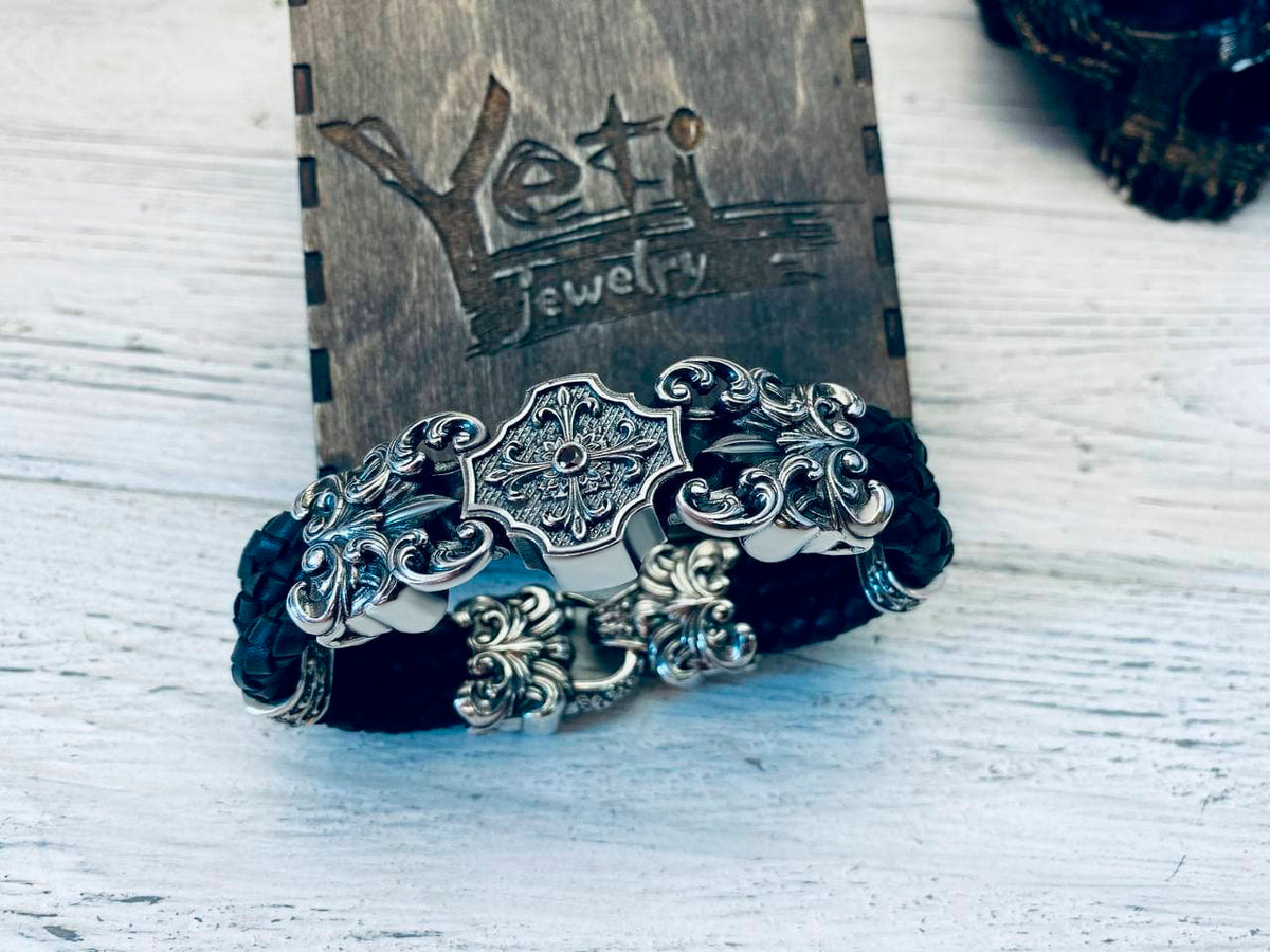Guardian 25 mm heavy sterling silver and leather biker bracelet, on box