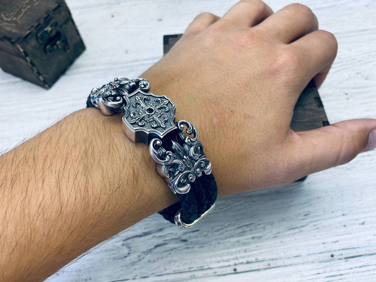 Guardian 25 mm heavy sterling silver and leather biker bracelet, worn side