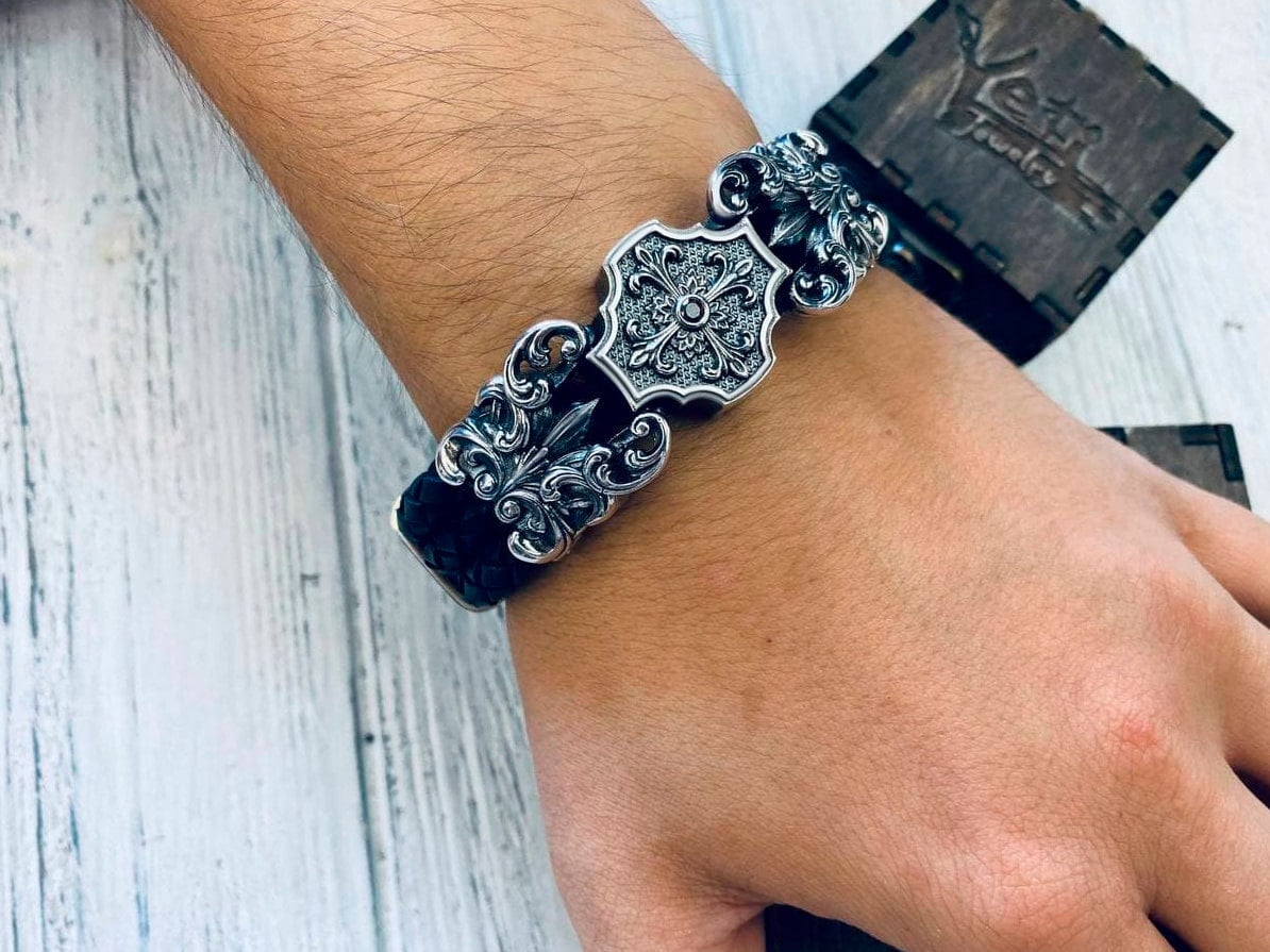 Guardian 25 mm heavy sterling silver and leather biker bracelet, worn wrist