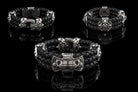 Heavy sterling silver skull bracelet on black braided leather, three views