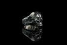 Hellbound heavy silver skull ring, right side view with oxidized cracked shank