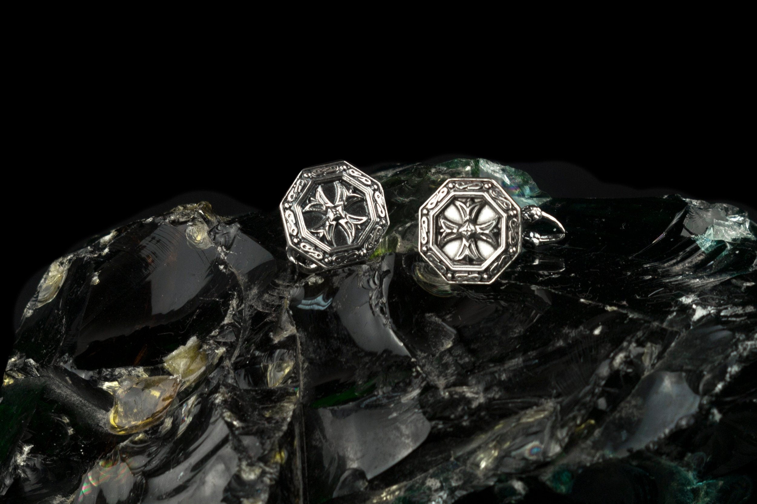 Handcrafted 925 sterling silver "Amalfi" octagonal cufflinks featuring a sculpted Maltese Cross on a dark glass background