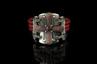 Queen of the Crusaders bracelet featuring an ornate 925 sterling silver cross, cubic zirconia details and braided red leather.