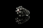Furious Bonnie 925 sterling silver skull ring with Pyrope Red cubic zirconia and hand-oxidized gothic details