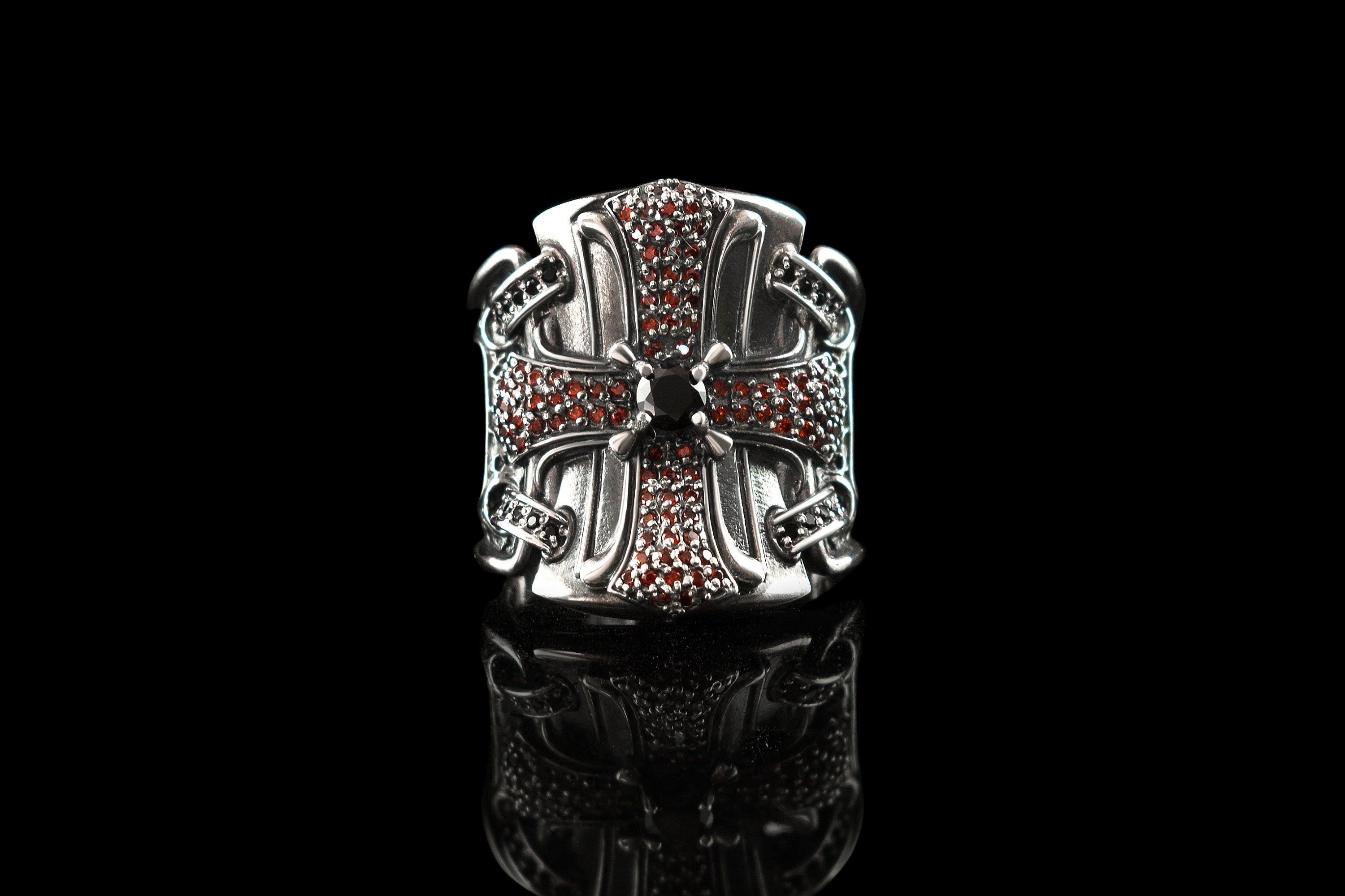 Queen of the Crusaders gothic statement ring in 925 sterling silver with an ornate cross-inspired design and cubic zirconia stones