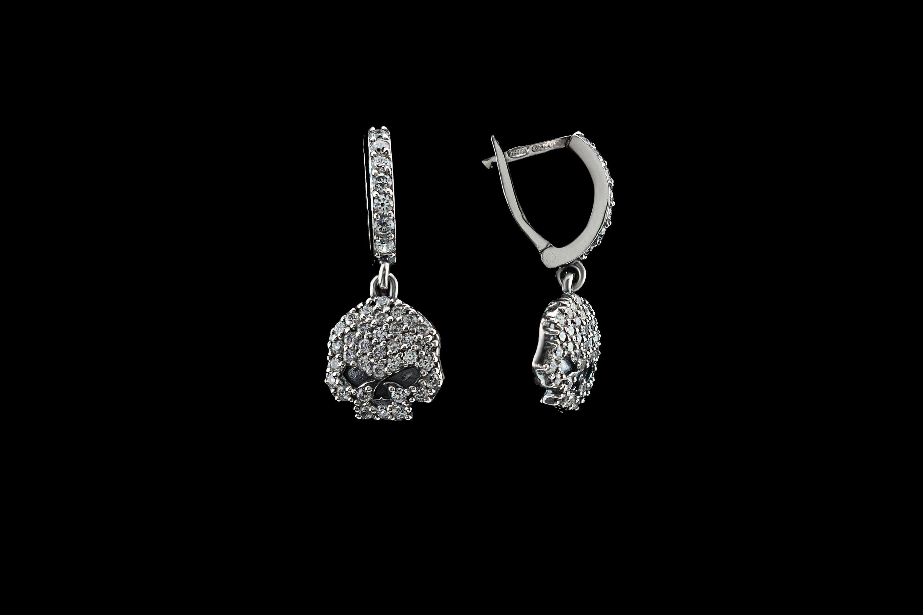 HD Crystal 925 sterling silver skull drop earrings with sparkling clear cubic zirconia and detailed 3D skull design