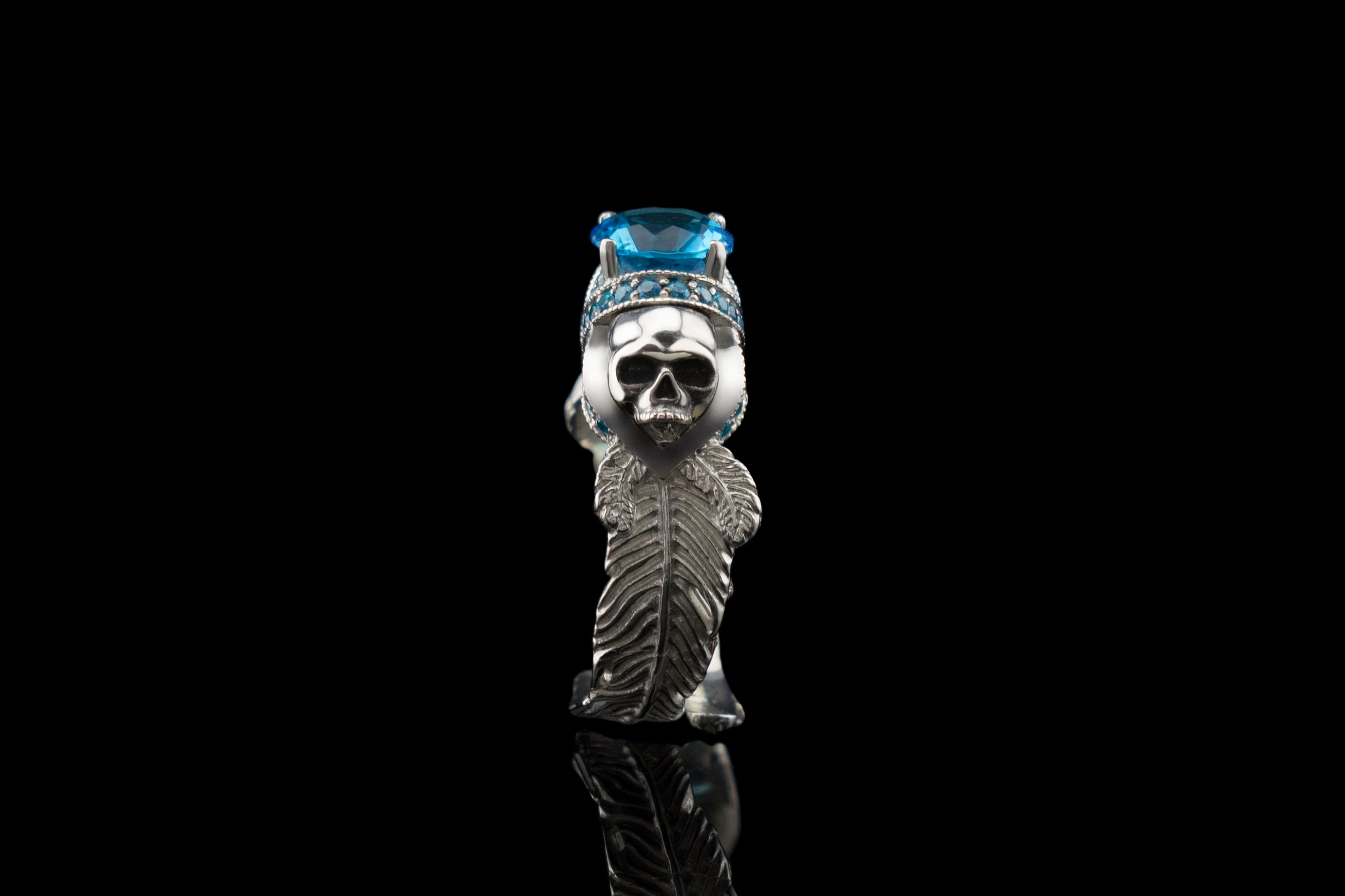 Atropos 925 sterling silver skull ring with blue cubic zirconia and double skull gothic design
