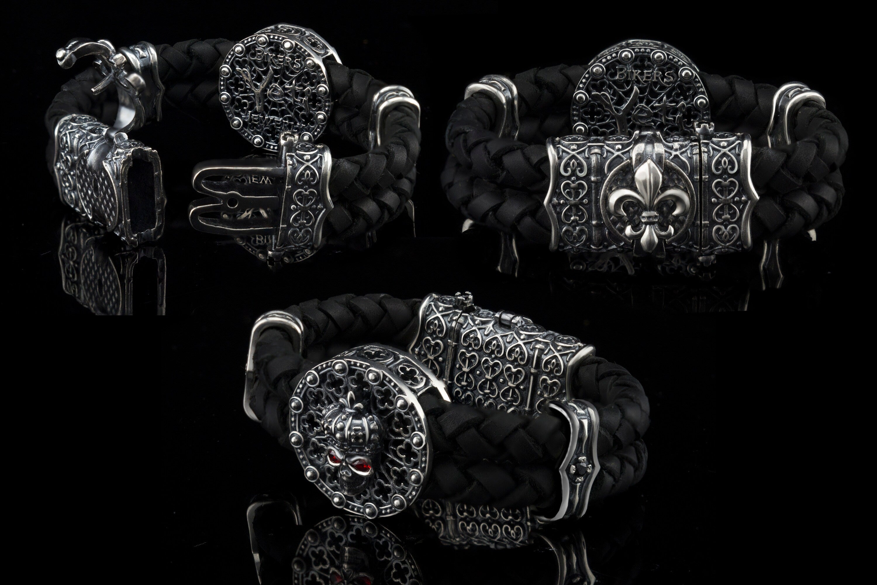Crowned skull bracelet with 925 sterling silver details, genuine black braided leather and red cubic zirconia eyes