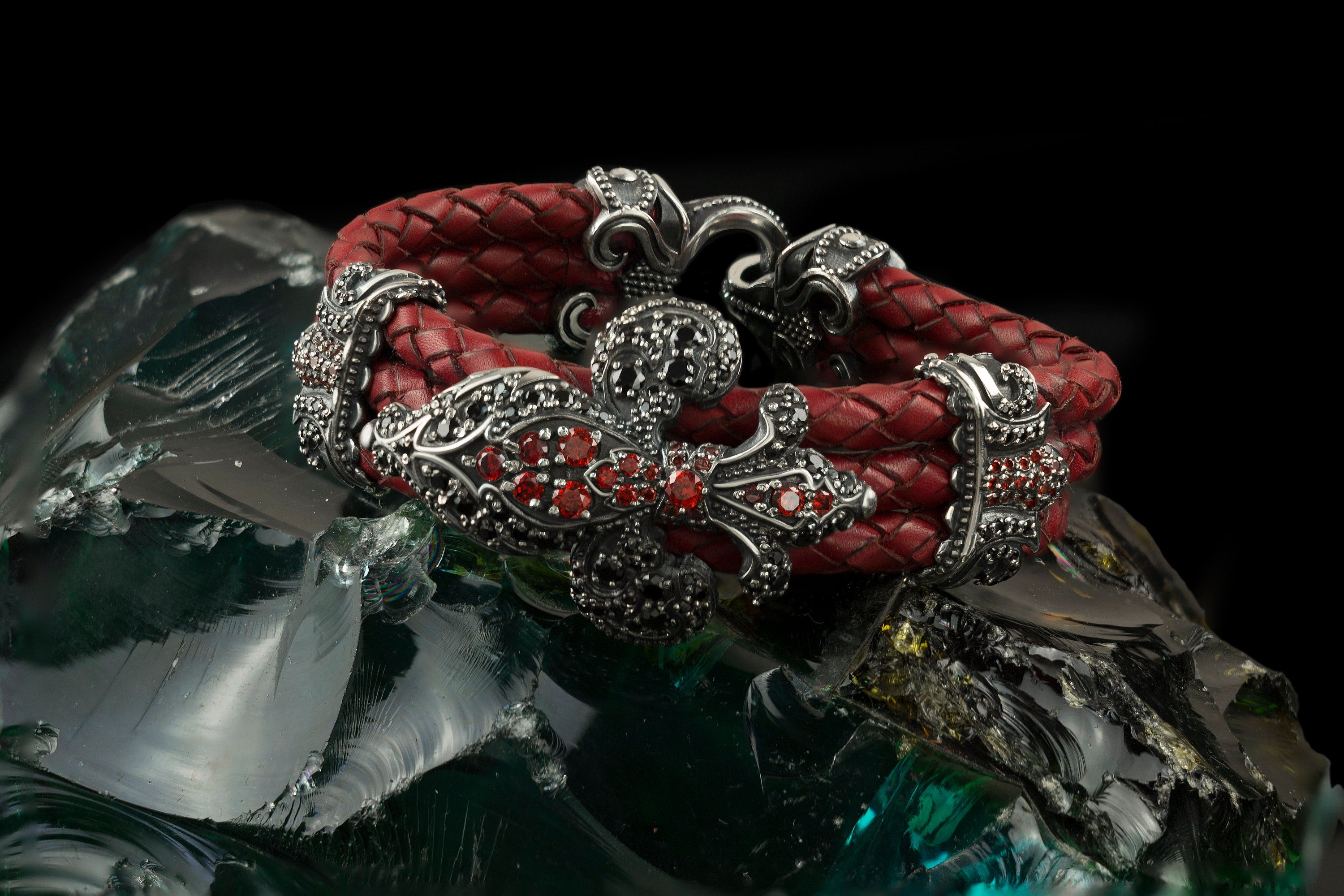 Mary gothic bracelet with ornate 925 sterling silver Fleur-de-Lis-inspired centerpiece, cubic zirconia and braided red leather