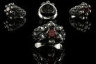 Furious Bonnie 925 sterling silver skull ring with Pyrope Red cubic zirconia and hand-oxidized gothic details
