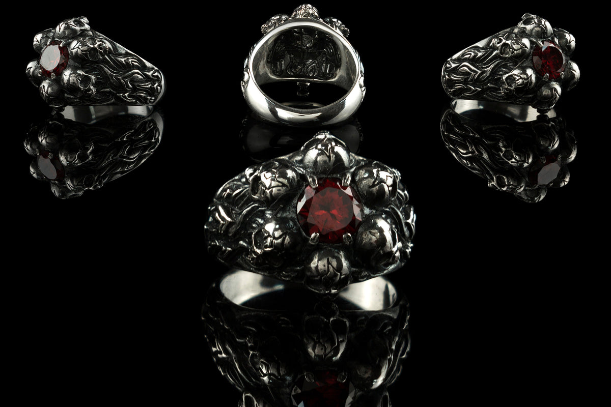 Furious Bonnie 925 sterling silver skull ring with Pyrope Red cubic zirconia and hand-oxidized gothic details