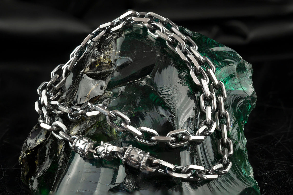 Men's heavy anchor chain necklace in polished 925 sterling silver with bold interlocking links by Yeti Jewelry