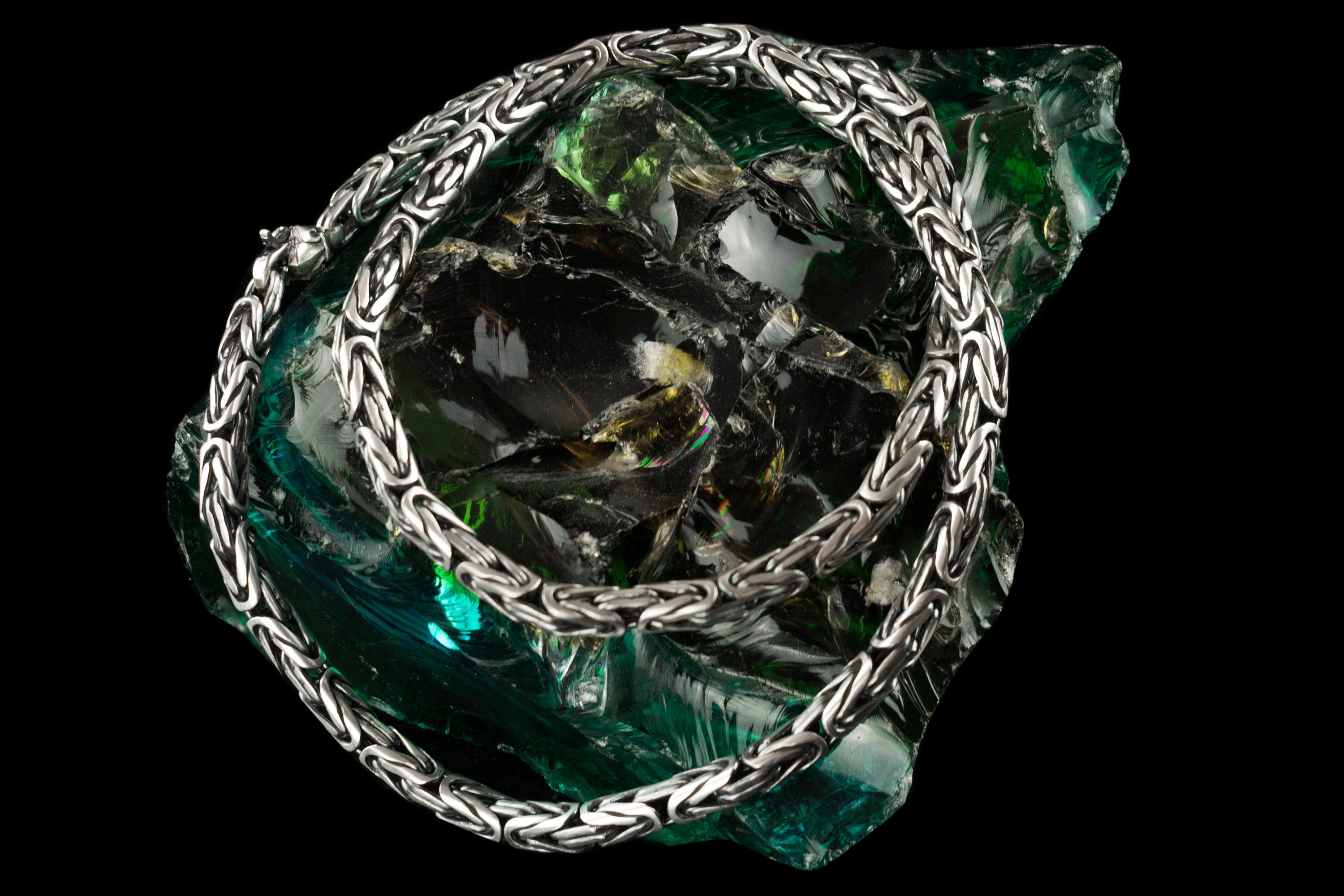 Heavy 925 sterling silver Byzantine chain with intricate handwoven links, approximately 98 grams and 62 cm long