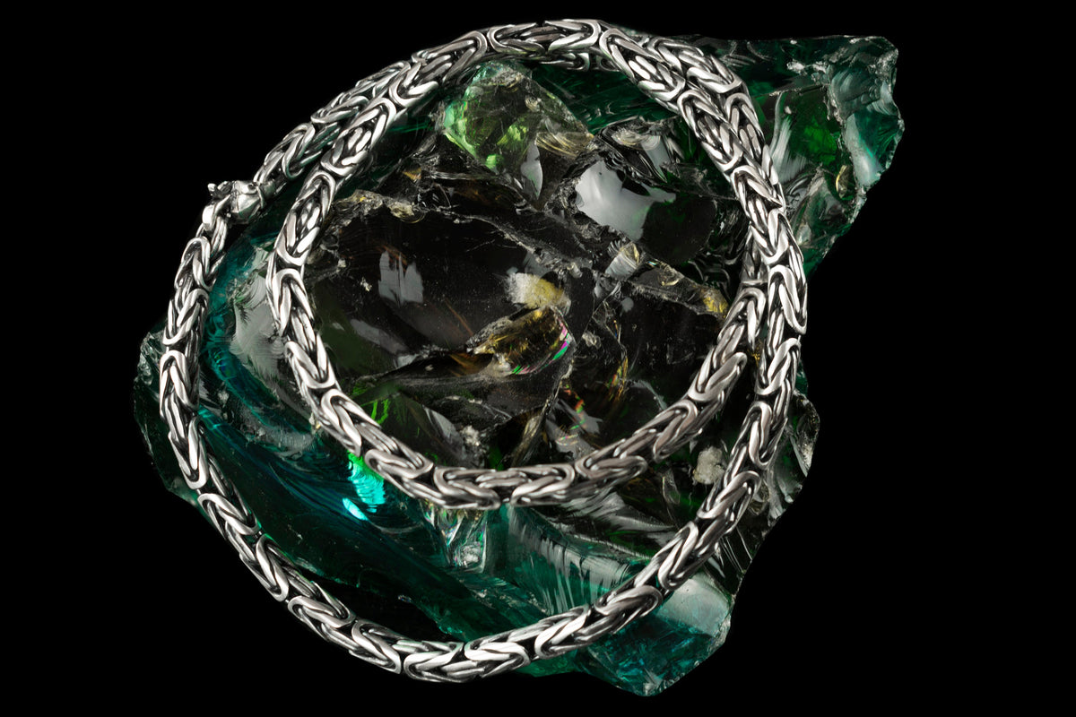 Heavy 925 sterling silver Byzantine chain with intricate handwoven links, approximately 98 grams and 62 cm long