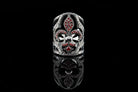 Handcrafted 925 sterling silver "Mary" wide band ring featuring a Fleur-de-Lis set with ruby red and clear pave cubic zirconia stones