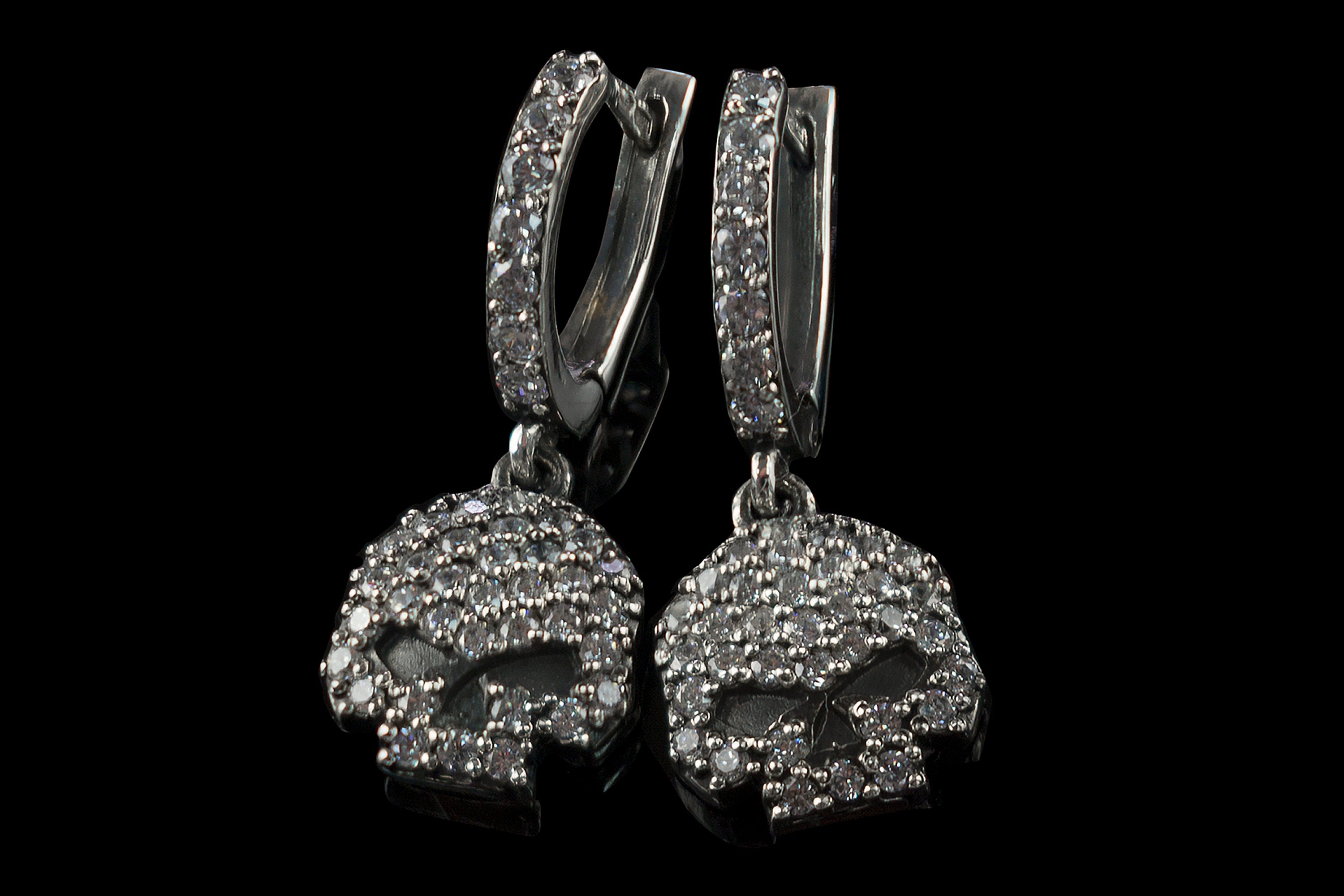 HD Crystal 925 sterling silver skull drop earrings with sparkling clear cubic zirconia and detailed 3D skull design