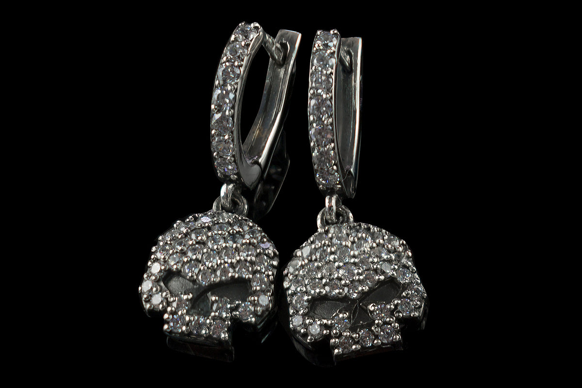 HD Crystal 925 sterling silver skull drop earrings with sparkling clear cubic zirconia and detailed 3D skull design